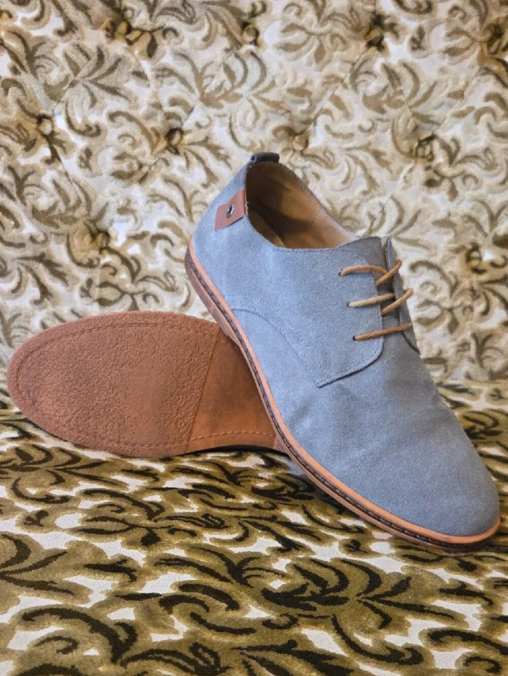 Hand-Stitched Suade Derby Shoes, Light Gray/Blue